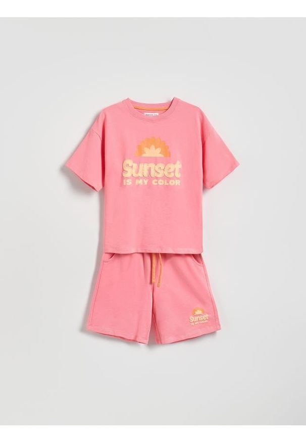 Reserved - Bawełniany komplet z nadrukiem - intensywny róż. Kolor: różowy. Materiał: bawełna. Wzór: nadruk