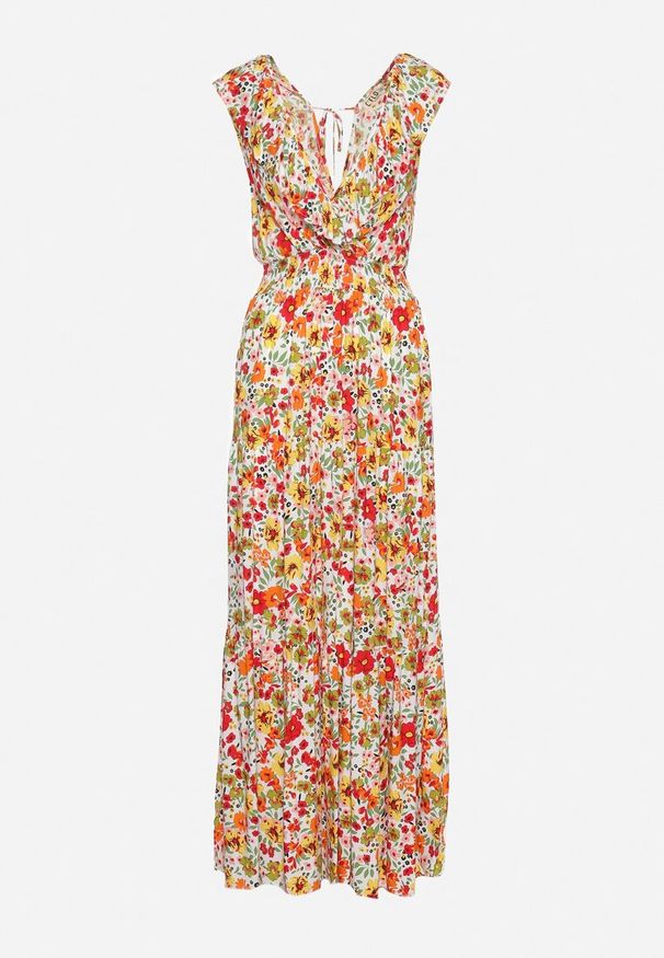 Born2be - Żółto-Czerwona Sukienka Maxi z Trójkątnym Dekoltem i Kwiatowym Motywem z Falbanką Moraila. Typ kołnierza: dekolt w serek. Kolor: żółty. Wzór: kwiaty. Sezon: wiosna, lato. Długość: maxi