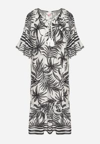 Born2be - Biała Sukienka o Pudełkowym Kroju z Wiązaniem przy Dekolcie w Roślinny Wzór Mirionela. Kolor: biały. Długość rękawa: krótki rękaw #3