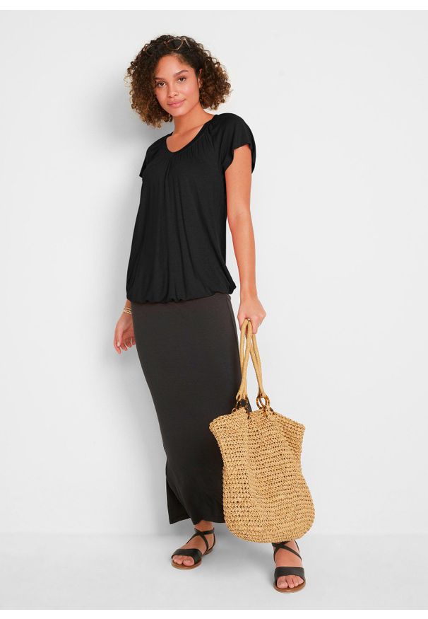 bonprix - T-shirt z mieszanki wiskozy. Typ kołnierza: dekolt w serek. Kolor: czarny. Materiał: wiskoza. Długość rękawa: krótki rękaw. Długość: krótkie