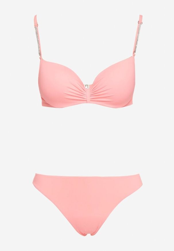 Born2be - Jasnoróżowe Bikini Góra z Regulowanymi Ramiączkami Ozdobionymi Cyrkoniami z Elastycznym Dołem w Zestawie Spodenki Kąpielowe z Gumką w Pasie Quilalia. Kolor: różowy. Wzór: aplikacja