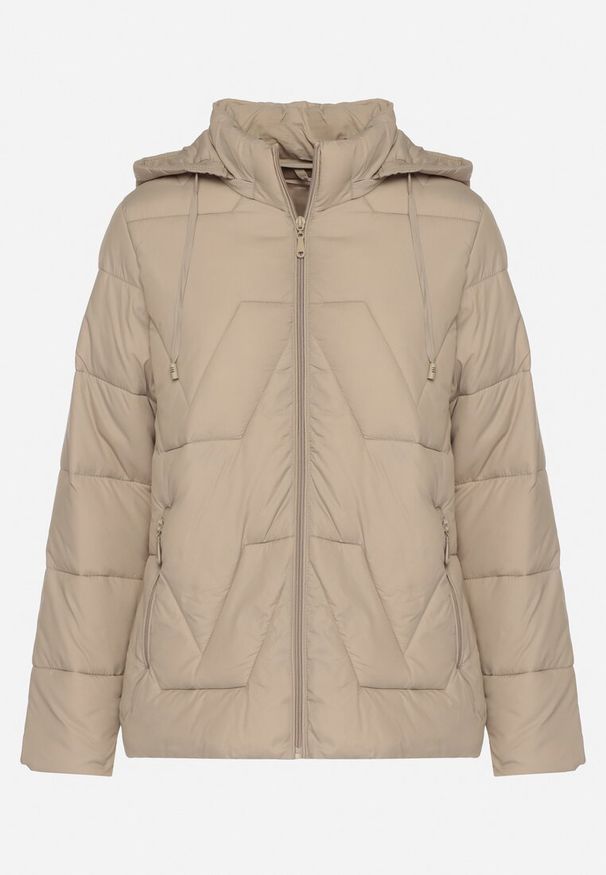 Born2be - Ciemnobeżowa Kurtka z Szerokim Pikowaniem i Kapturem Yasidi. Okazja: na co dzień. Kolor: beżowy. Materiał: jeans. Styl: elegancki, casual