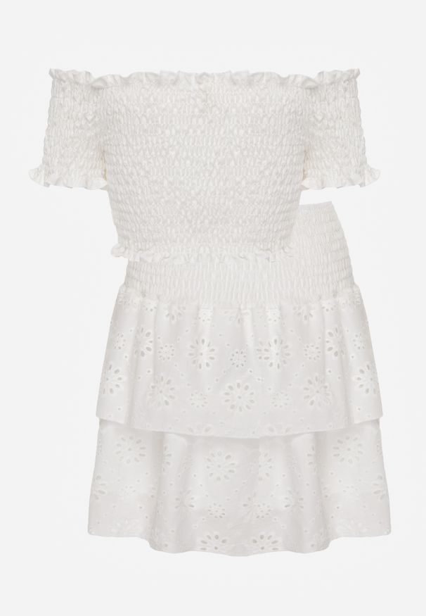 Renee - Biały Ażurowy Komplet z Bawełny Top w Hiszpańskim Stylu Spódnica z Gumką w Talii Vimariah. Kolor: biały. Materiał: bawełna. Wzór: ażurowy