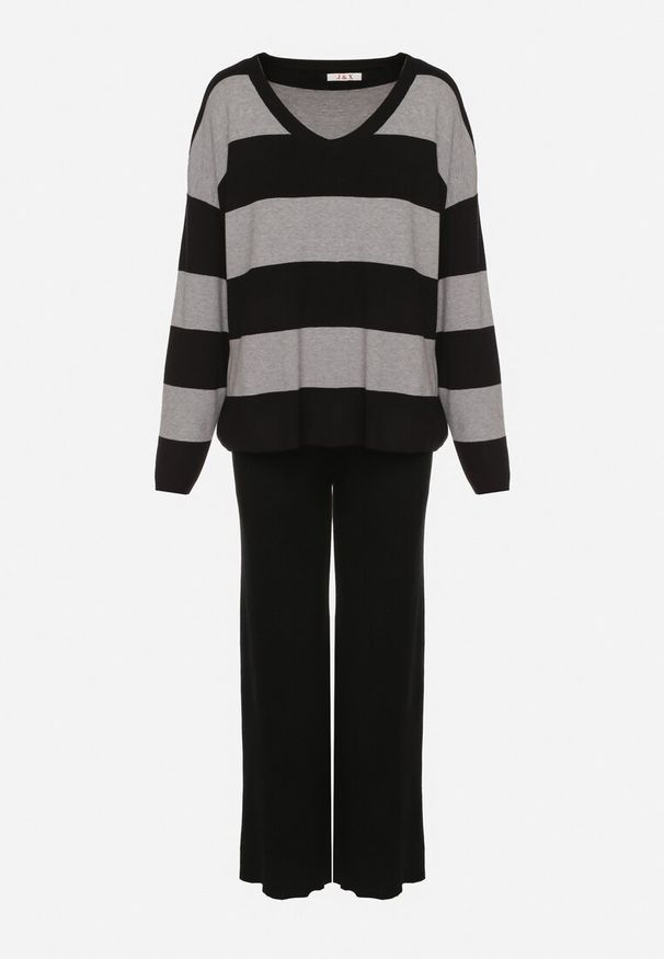 Born2be - Szary Dzianinowy Komplet Szerokie Spodnie i Sweter w Paski Falesea. Kolor: szary. Materiał: dzianina. Wzór: paski