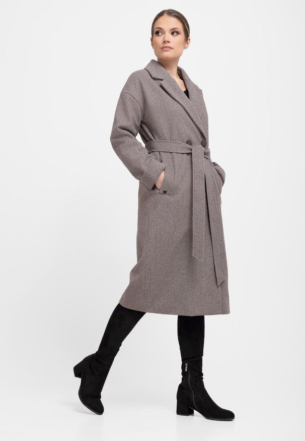 Volcano - Długi, dwurzędowy płaszcz J-ASTA. Kolor: beżowy. Materiał: tkanina, materiał. Długość: długie. Sezon: zima, jesień. Styl: klasyczny