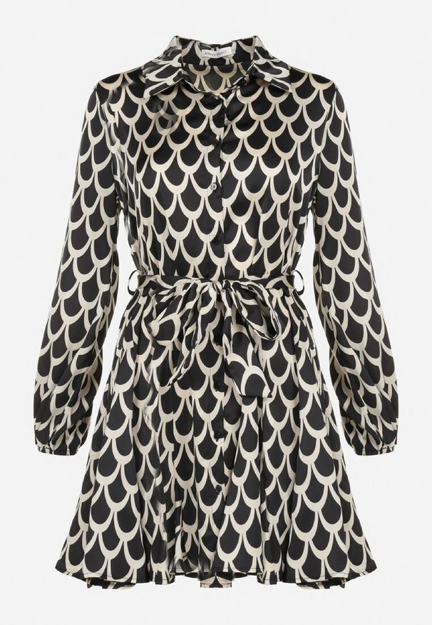 Born2be - Czarna Koszulowa Sukienka z Wiązanym Paskiem Atheneta. Kolor: czarny. Materiał: materiał. Wzór: nadruk. Typ sukienki: koszulowe