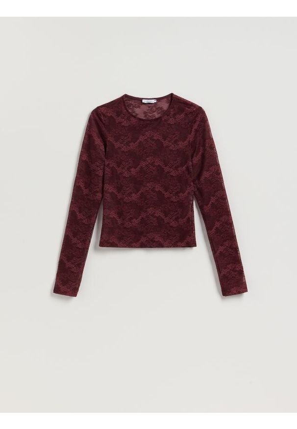 Reserved - Koronkowy longsleeve - bordowy. Kolor: czerwony. Materiał: koronka. Długość rękawa: długi rękaw. Wzór: koronka