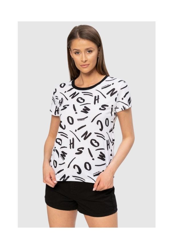 MOSCHINO Biały t-shirt dmski w czarne litery, Rozmiar S. Kolor: biały. Materiał: prążkowany