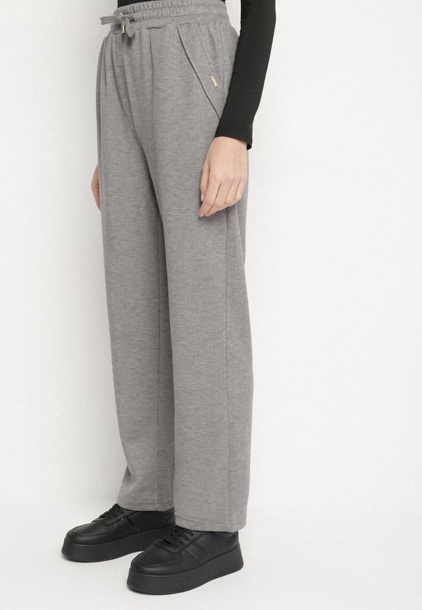 Born2be - Jasnoszare Spodnie z Wysokim Stanem Ozdobione Sznurkami Akleria. Okazja: na spacer. Stan: podwyższony. Kolor: szary. Materiał: jeans. Wzór: aplikacja