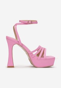 Renee - Różowe Sandały na Wysokim Słupku i Platformie z Kwadratowym Noskiem Semine. Nosek buta: otwarty. Kolor: różowy. Obcas: na platformie #5