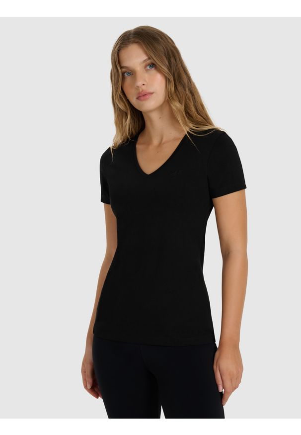4f - 4F T-shirt slim gładki damski - czarny M. Okazja: na co dzień. Kolor: czarny. Materiał: materiał, bawełna. Wzór: gładki. Styl: casual