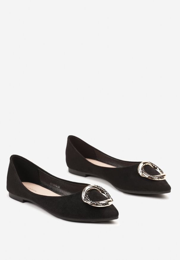 Born2be - Czarne Wsuwane Balerinki z Aplikacją o Złotym Połysku Broolia. Okazja: na co dzień. Zapięcie: bez zapięcia. Kolor: czarny. Materiał: jeans. Wzór: aplikacja. Obcas: na obcasie. Styl: klasyczny, casual, elegancki. Wysokość obcasa: niski