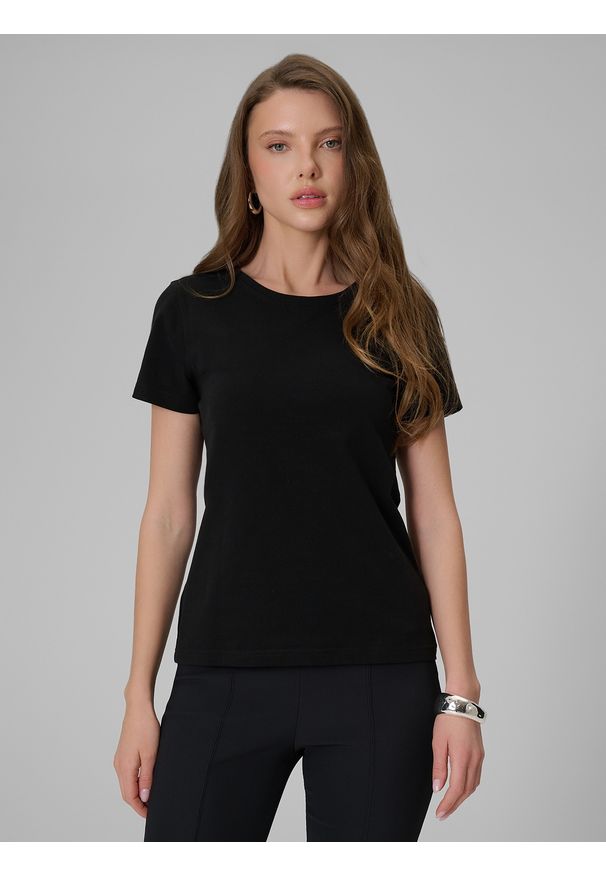 4f - 4F T-shirt slim gładki damski - czarny XS. Okazja: na co dzień. Kolor: czarny. Materiał: dzianina, elastan, bawełna. Wzór: gładki. Styl: casual, klasyczny
