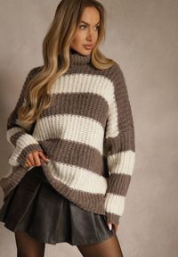 Renee - Brązowy Golf z Wiskozą i Wełną Ozdobiony Motywem Pasków Monorra. Okazja: na co dzień. Typ kołnierza: golf. Kolor: brązowy. Materiał: wełna, wiskoza. Wzór: aplikacja. Styl: casual #5