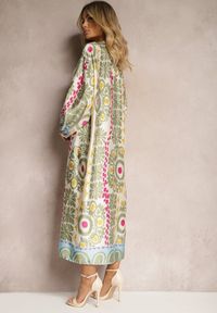 Renee - Beżowo-Zielona Pudełkowa Sukienka z Satynowej Tkaniny w Ornamentalny Wzór Allilena. Kolor: beżowy. Materiał: satyna, tkanina #5
