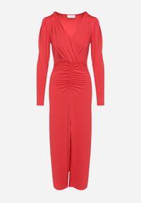 Born2be - Czerwona Elegancka Sukienka Kopertowa Ozdobiona Marszczeniami Zainara. Okazja: na spotkanie biznesowe, na imprezę. Typ kołnierza: dekolt kopertowy. Kolor: czerwony. Długość rękawa: długi rękaw. Wzór: aplikacja. Typ sukienki: kopertowe. Styl: elegancki #4