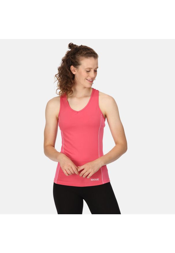 Regatta - Damska koszulka sportowa bez rękawów Varey. Kolor: różowy. Materiał: poliester, elastan. Długość rękawa: bez rękawów. Długość: długie