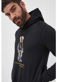 Polo Ralph Lauren bluza męska kolor czarny z kapturem z nadrukiem. Typ kołnierza: polo, kaptur. Kolor: czarny. Materiał: dzianina. Wzór: nadruk