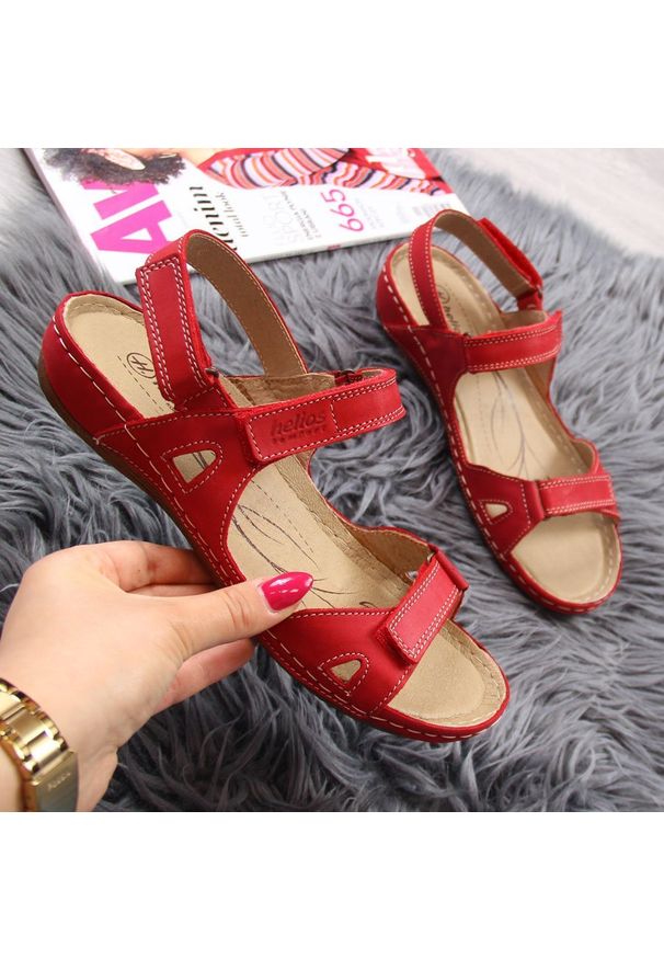Skórzane sandały damskie komfortowe na rzepy czerwone Helios 205-03. Zapięcie: rzepy. Kolor: czerwony. Materiał: skóra