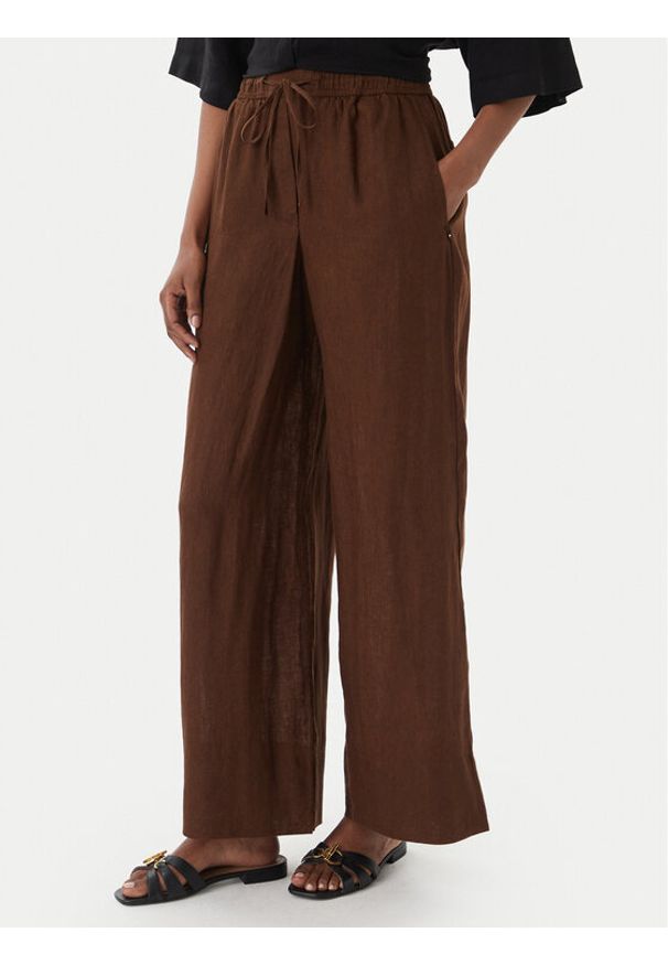 TOMMY HILFIGER - Tommy Hilfiger Spodnie materiałowe WW0WW48970 Brązowy ciemny Wide Leg. Kolor: brązowy. Materiał: len