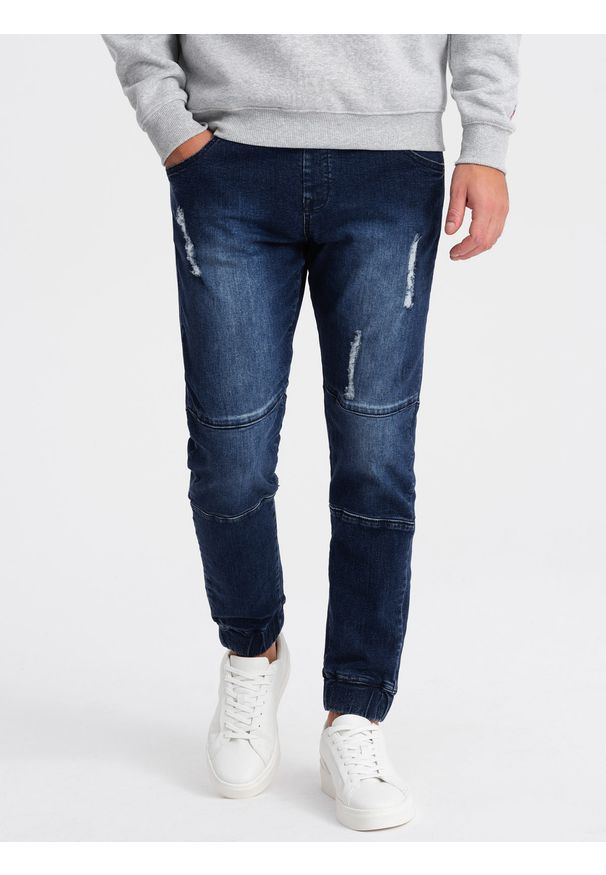 Ombre Clothing - Spodnie męskie marmurkowe JOGGERY z przetarciami - ciemnoniebieskie V1 - Rozmiar: L. Kolor: niebieski. Materiał: bawełna, elastan, guma