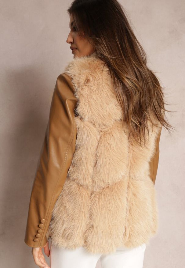 Renee - Beżowa Futrzana Kamizelka z Wstawkami z Ekoskóry Lewja. Kolor: beżowy. Materiał: futro