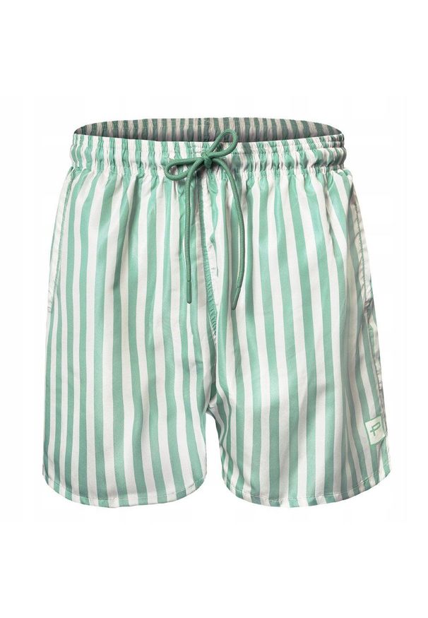 Męskie Spodenki Plażowe (Kąpielowe) - Pako Jeans - Jasnozielone w Prążek. Kolor: zielony. Materiał: poliester. Wzór: prążki