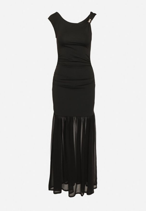 Born2be - Czarna Koktajlowa Sukienka z Wiskozą Ozdobiona Marszczeniem Galapina. Okazja: na imprezę. Kolor: czarny. Materiał: wiskoza. Wzór: aplikacja. Styl: wizytowy