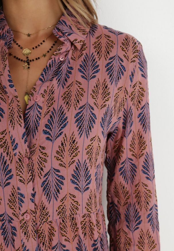 Born2be - Ciemnoróżowa Sukienka Hypsamna. Kolor: różowy. Materiał: bawełna, skóra. Długość rękawa: długi rękaw. Wzór: nadruk, aplikacja. Typ sukienki: szmizjerki, koszulowe. Długość: maxi