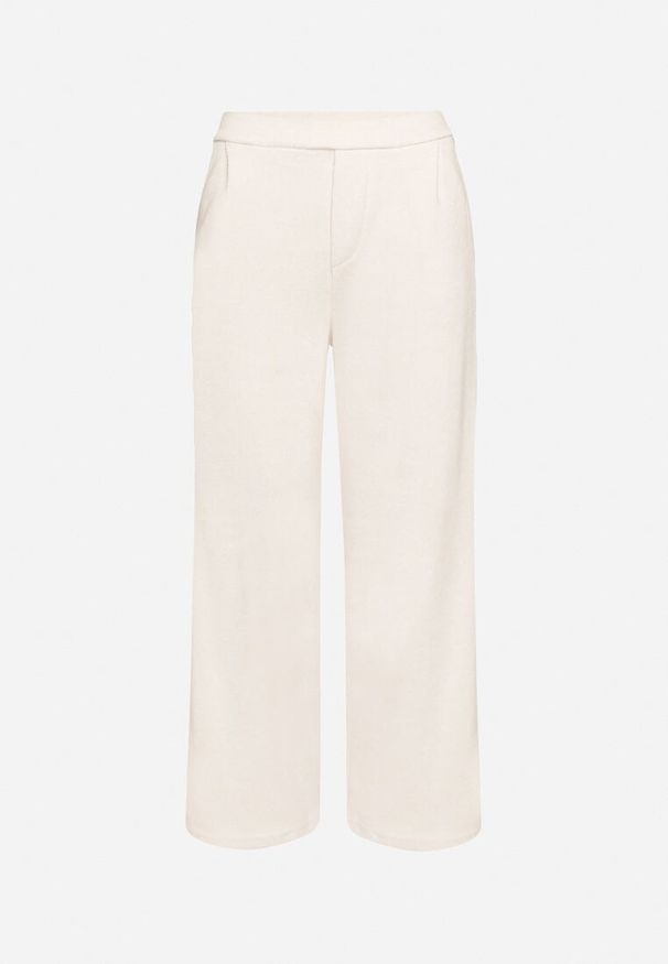 Born2be - Jasnobeżowe Spodnie z Szerokimi Nogawkami i Imitacją Kieszeni Iridema. Okazja: na co dzień. Kolor: beżowy. Materiał: jedwab. Styl: klasyczny, casual