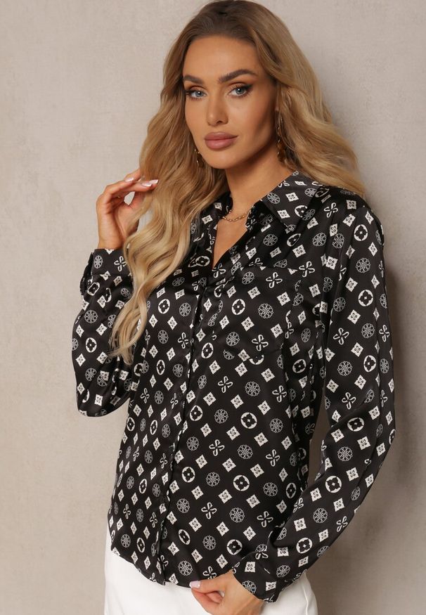 Renee - Czarna Klasyczna Koszula w Geometryczny Print Aletiza. Okazja: do pracy. Kolor: czarny. Materiał: jeans. Długość rękawa: długi rękaw. Długość: długie. Wzór: geometria, nadruk. Styl: klasyczny