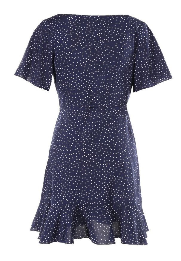Born2be - Granatowa Sukienka Devizo. Kolor: niebieski. Materiał: materiał. Długość rękawa: krótki rękaw. Wzór: kropki. Typ sukienki: kopertowe. Długość: mini