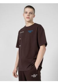 outhorn - T-shirt oversize z nadrukiem męski - brązowy. Okazja: na co dzień. Kolor: brązowy. Materiał: dzianina, bawełna. Wzór: nadruk. Styl: casual