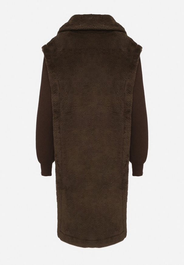 Born2be - Zielony Futrzany Płaszcz z Dzianinowymi Rękawami Ravienna. Okazja: na co dzień. Kolor: zielony. Materiał: dzianina, futro. Styl: casual, elegancki