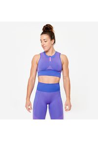 DOMYOS - Koszulka fitness damska Domyos crop top bez rękawów. Kolor: niebieski, różowy, wielokolorowy. Materiał: poliamid, elastan, materiał, poliester. Długość rękawa: bez rękawów. Sport: fitness