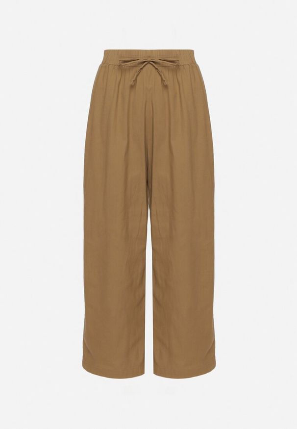 Born2be - Jasnobrązowe Spodnie Bawełniane Szerokie z Gumką i Wiązaniem w Pasie Faliova. Okazja: na spacer, na co dzień, na imprezę. Kolor: brązowy. Materiał: bawełna. Sezon: wiosna, lato. Styl: casual, elegancki