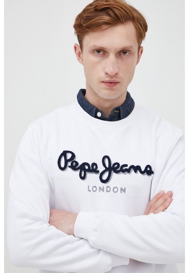 Pepe Jeans bluza bawełniana męska kolor biały z aplikacją. Kolor: biały. Materiał: bawełna. Wzór: aplikacja