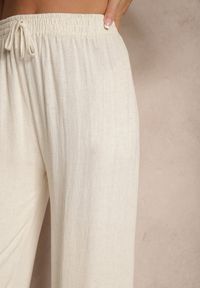 Renee - Beżowe Szerokie Spodnie z Lnem High Waist Sanitria. Okazja: na co dzień. Stan: podwyższony. Kolor: beżowy. Materiał: len. Styl: elegancki, casual