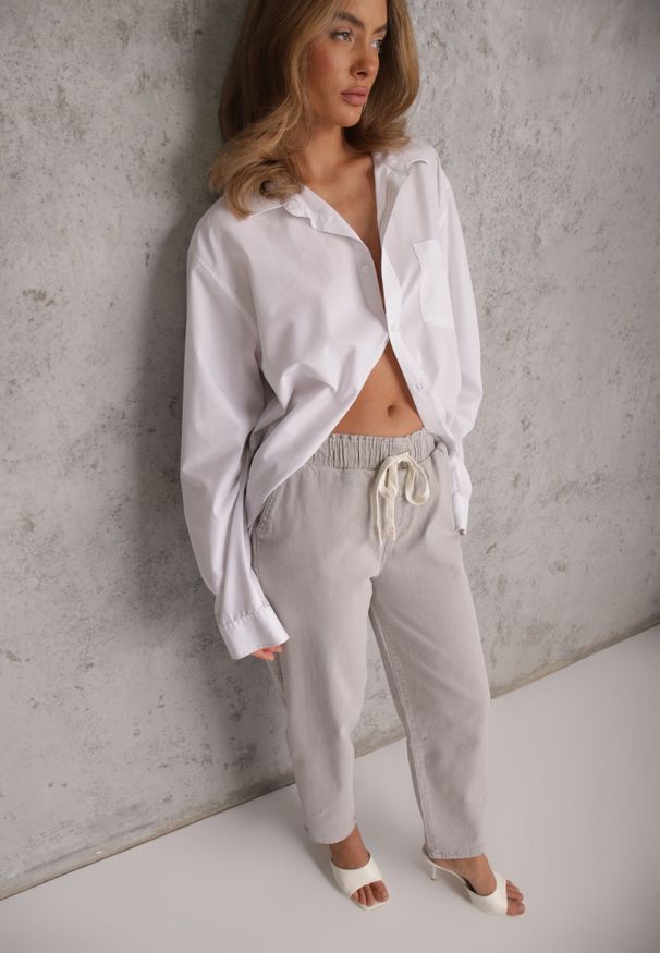 Renee - Szare Jeansy z Bawełny Mom Fit HIgh Waist z Wiązaniem w Pasie Origonia. Okazja: na co dzień. Stan: podwyższony. Kolor: szary. Styl: vintage, casual