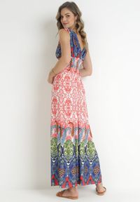 Born2be - Czerwono-Granatowa Sukienka z Szeroką Gumką w Talii w Etno Wzór Caroli. Kolor: czerwony. Styl: etno #3