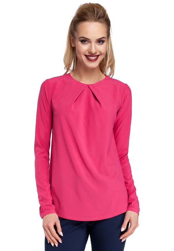 MOE - Różowa Bluzka z Zakładką przy Dekolcie. Kolor: różowy. Materiał: poliester, elastan