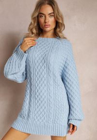 Renee - Jasnoniebieski Długi Sweter Ozdobiony Drobnym Splotem Killoe. Kolor: niebieski. Materiał: jeans. Długość: długie. Wzór: aplikacja, ze splotem #5