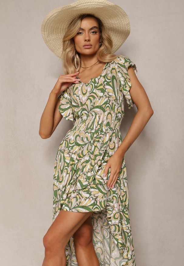 Renee - Ciemnozielona Sukienka Boho z Gumką w Pasie i Asymetrycznym Dołem z Wiskozy Anorissa. Kolor: zielony. Materiał: wiskoza. Typ sukienki: asymetryczne. Styl: boho