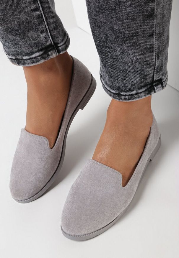 Born2be - Szare Balerinki w Stylu Mokasynów Thetea. Okazja: na co dzień. Kolor: szary. Materiał: jeans. Styl: casual, klasyczny, elegancki