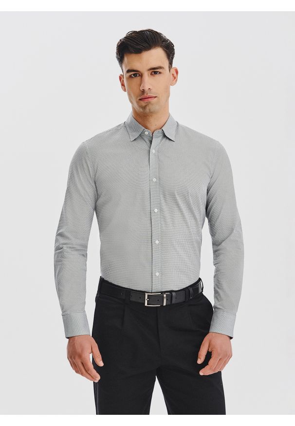 Pako Lorente - PAKO LORENTE - Biała koszula męska mikrowzór. Kolor: biały. Materiał: bawełna. Długość rękawa: długi rękaw. Długość: długie. Sezon: jesień