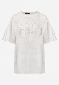 Renee - Biały Bawełniany T-shirt Oversize z Haftowanym Napisem z Cekinami Talomora. Okazja: na imprezę, na co dzień. Kolor: biały. Materiał: bawełna. Wzór: napisy, haft. Styl: rockowy, casual #7
