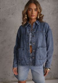 Renee - Niebieska Koszulowa Kurtka z Jeansu z Bawełny z Naszytymi Kieszeniami Giorriane. Okazja: na co dzień. Kolor: niebieski. Materiał: jeans, bawełna. Wzór: aplikacja. Styl: casual #6