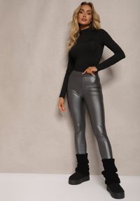 Renee - Ciemnoszare Legginsy z Imitacji Skóry High Waist Ozdobione Wsuwanymi Kieszeniami Valerievia. Stan: podwyższony. Kolor: szary. Materiał: skóra. Wzór: aplikacja. Sezon: zima #1