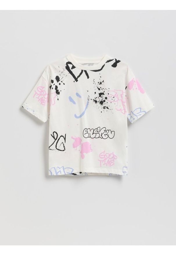Reserved - T-shirt z nadrukiem - złamana biel. Materiał: bawełna, dzianina. Wzór: nadruk