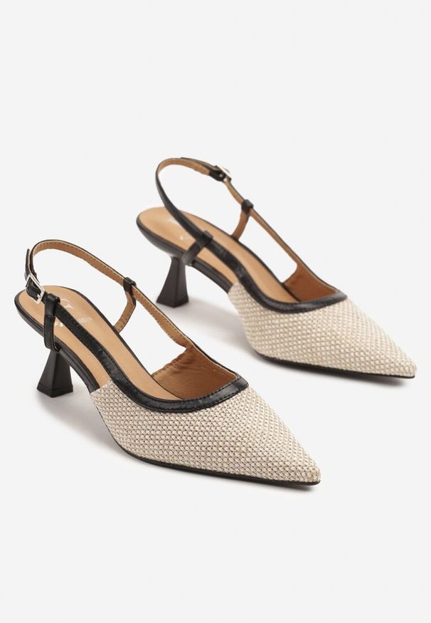 Born2be - Beżowo-Czarne Tweedowe Sandały Slingback na Obcasie Typu Kaczuszka Fallotia. Okazja: na co dzień. Nosek buta: szpiczasty. Zapięcie: pasek. Kolor: beżowy. Materiał: jeans. Obcas: na obcasie. Styl: wizytowy, klasyczny, elegancki, casual. Wysokość obcasa: średni